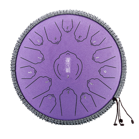 HUASHU Carbon Steel Tongue Drum 14 Inch 15 Notes C Major for Sound Healing - Floating Lotus Tongue Drum