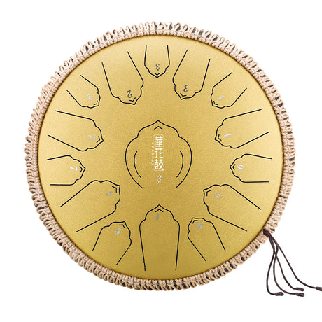 HUASHU Carbon Steel Tongue Drum 14 Inch 15 Notes C Major for Sound Healing - Floating Lotus Tongue Drum