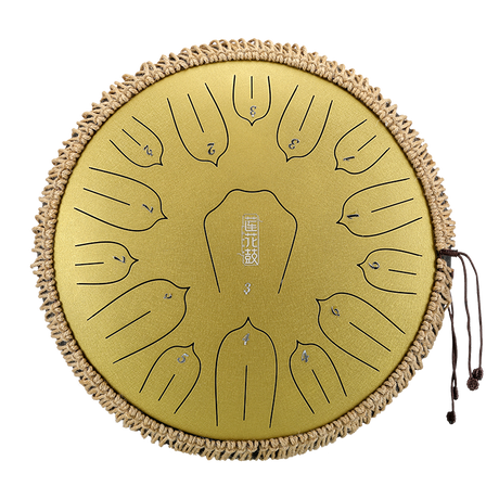 HUASHU Carbon Steel Tongue Drum 13 Inch 15 Notes D Major for Spiritual Practices - Vertical Stripe Lotus Tongue Drum