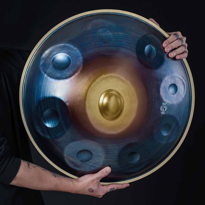 HLURU Nitrid Steel Blue Handpan Drum 22 Zoll 9 Noten D-kurd Percussion Instrument – ​​Level A Gold Edge Professionelle Handpan